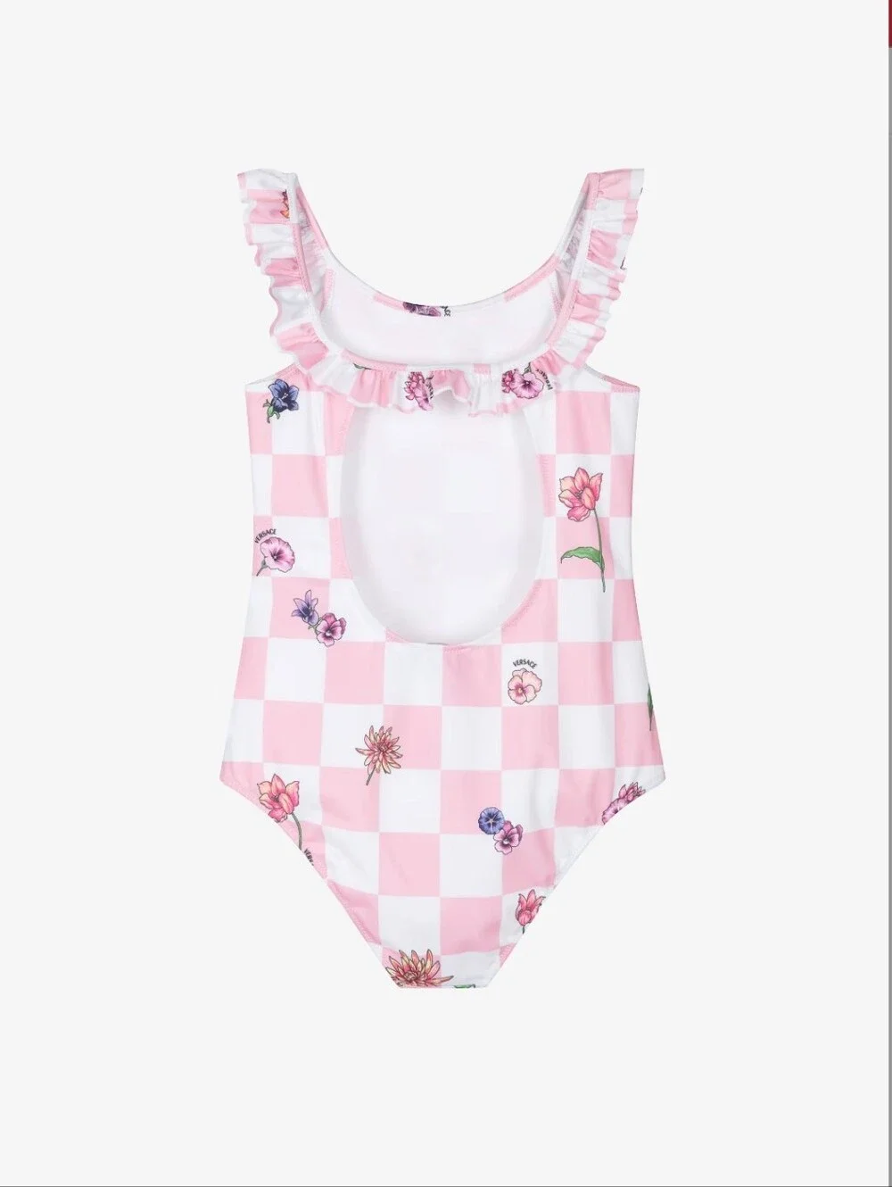 NWT Versace Girl's Pink Check Floral Ruffle One-Piece Swimsuit, 12/18M